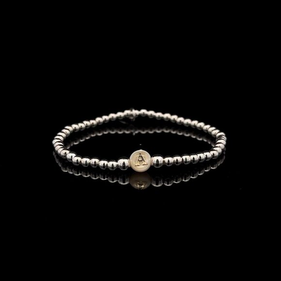 925 Sterling Silver Beaded Stretch Stacking Bracelet MOP Letter Initial A - Picture 1 of 6